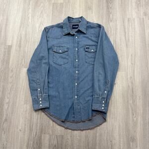 Vintage Wrangler Denim Pearl Snap Button Shirt Men's Large Blue Western Cowboy